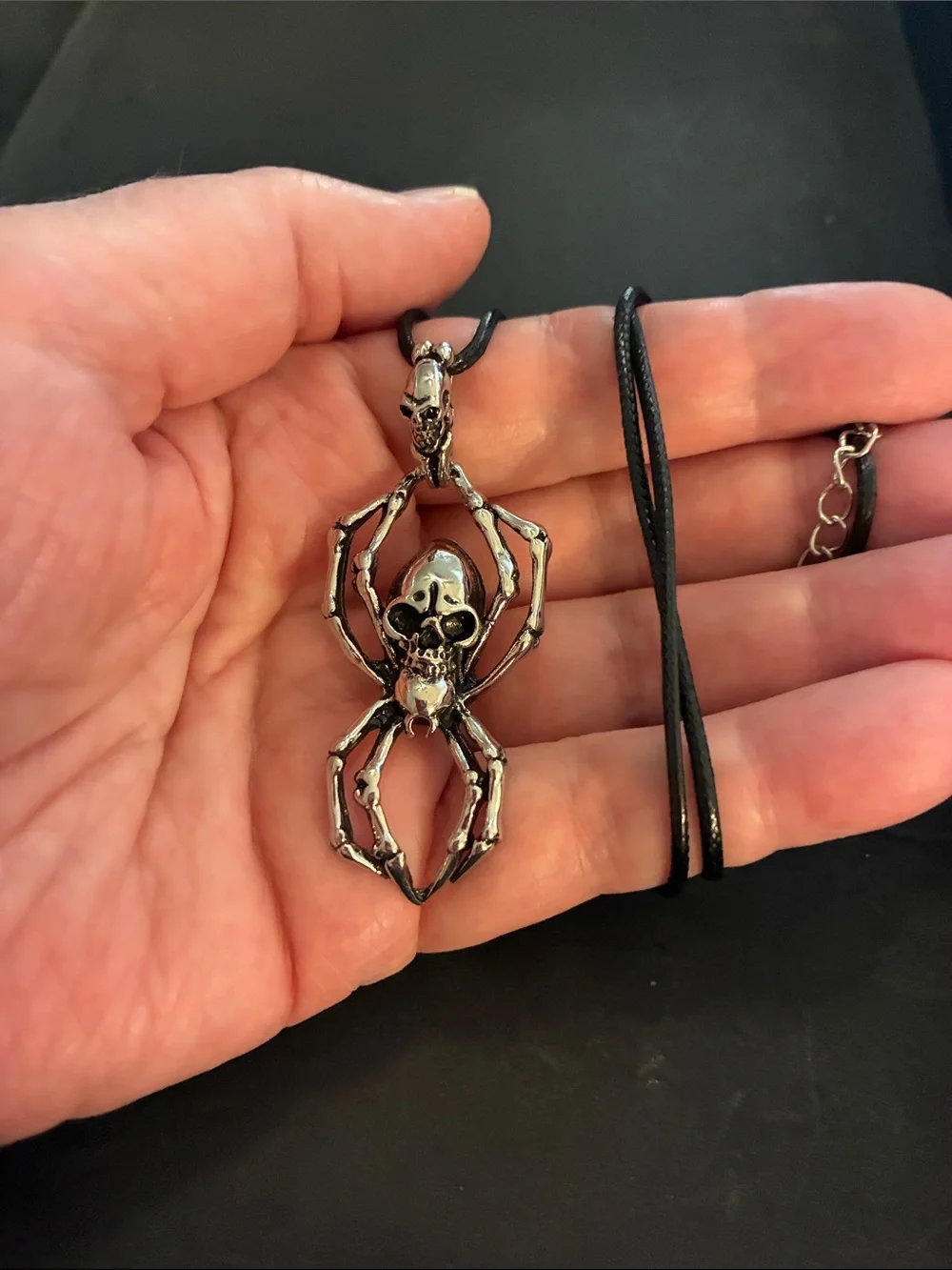 Silver Spider Skeleton Pendant Necklace With A Black Cord